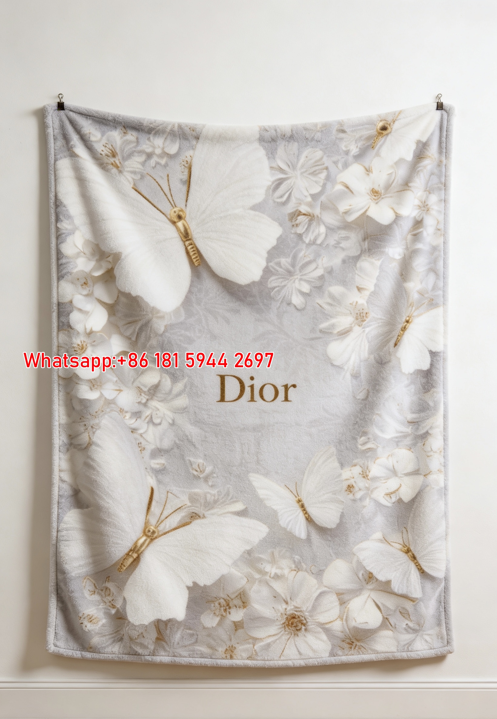 Dior White Butterfly Floral Flannel Sofa Throw Blanket D217